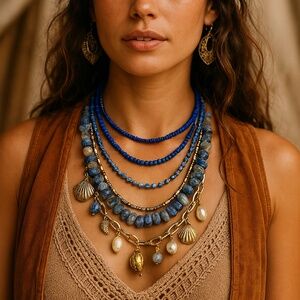 Layered Blue Beaded Necklace with Gold and Pearl Sea Shell Charms